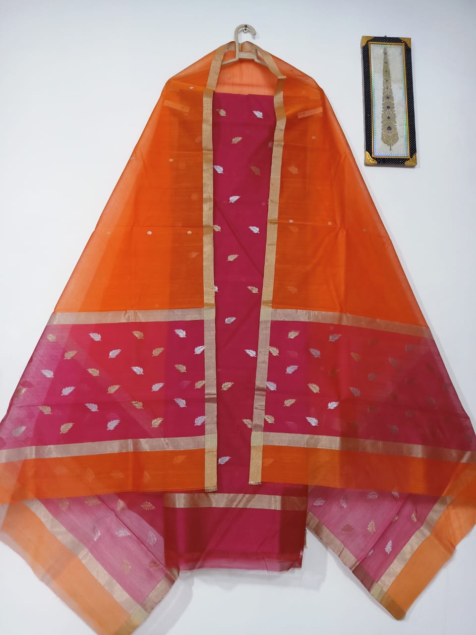 Red top with orange color dupatta hand Work Chanderi 2 pcs Suit