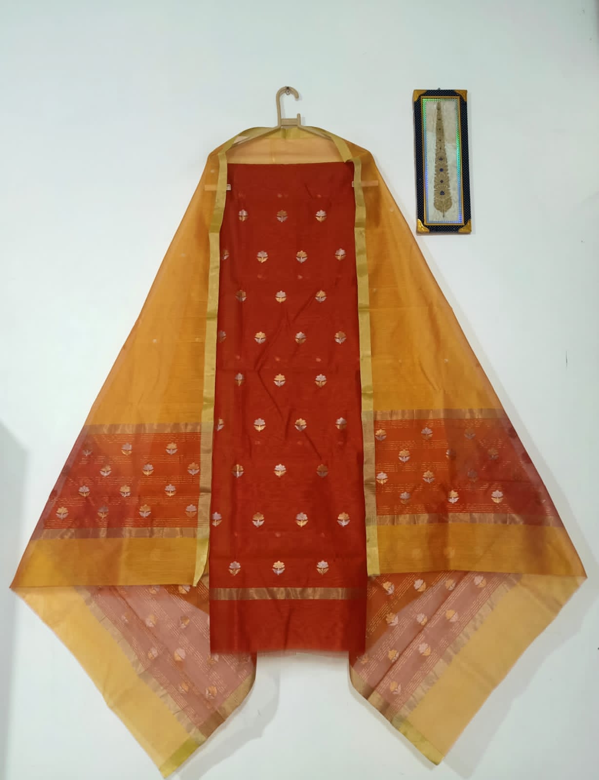 Red top with mustard color dupatta hand Work Chanderii 2 pcs Suit