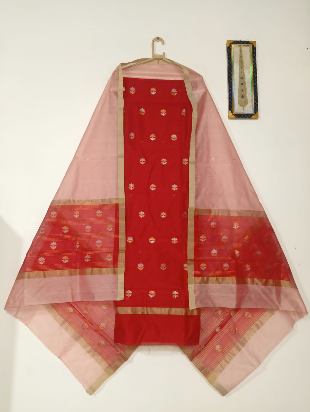 Red top with light pink color dupatta hand Work Chanderi 2 pcs Suit