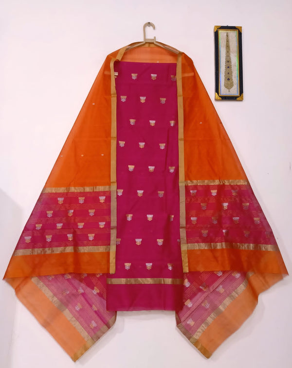 Red top with orange colour dupatta hand Work Chanderi 2 pcs Suit