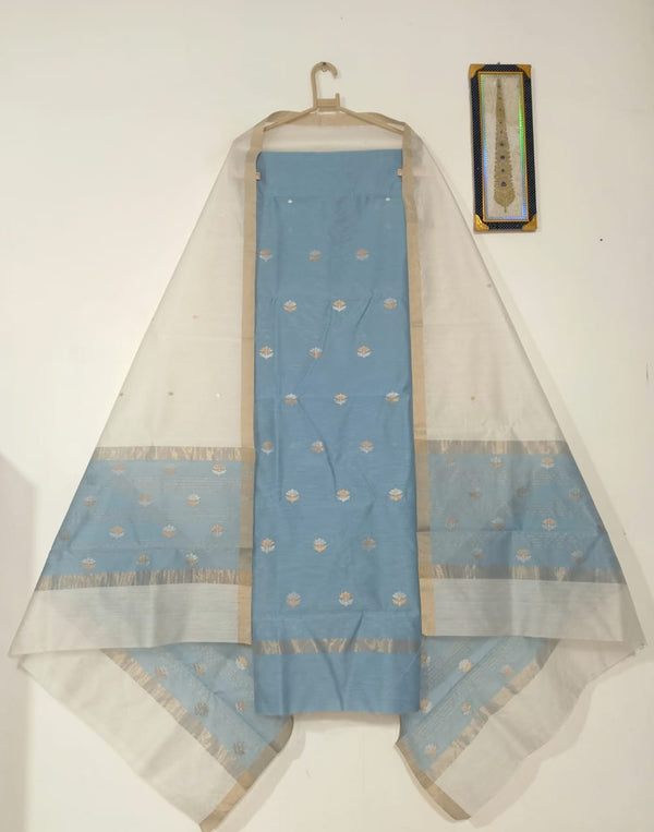 Powder blue top with white color dupatta hand Work Chanderi 2 pcs Suit