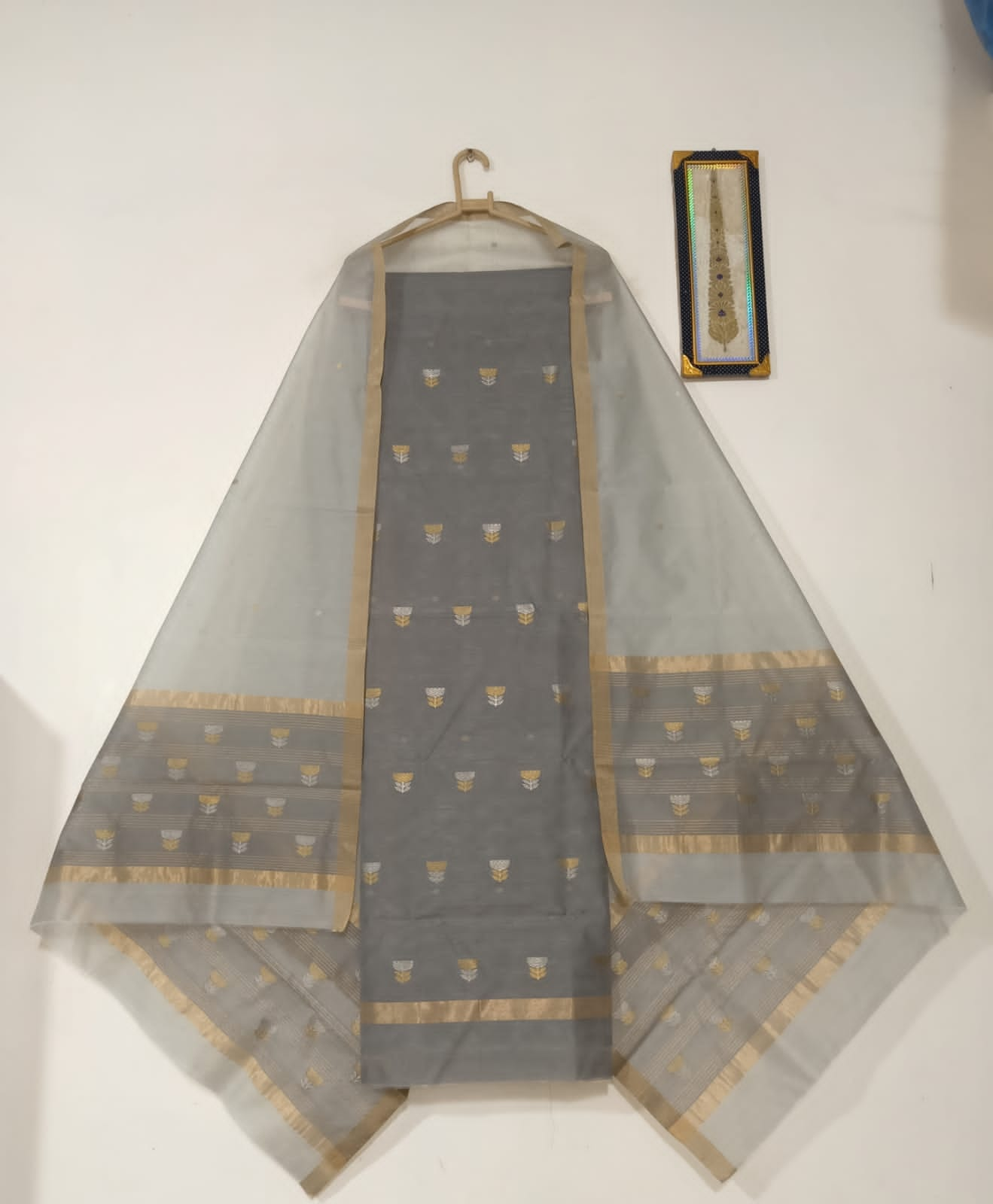 Dark grey top with light grey colour dupatta hand Work Chanderi 2 pcs Suit