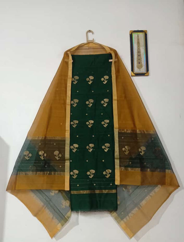 Bottle green top with mustard color dupatta hand Work Chanderi 2 pcs Suit