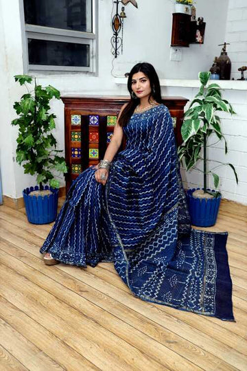 Hand block indigo print Chanderi cotton silk saree1