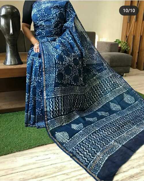 Hand block indigo print Chanderi cotton silk saree2