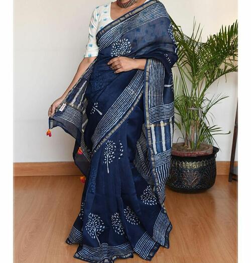 Hand block indigo print Chanderi cotton silk saree3