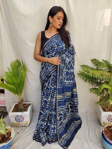 Hand block indigo print Chanderi cotton silk saree4