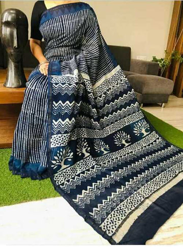 Hand block indigo print Chanderi cotton silk saree5