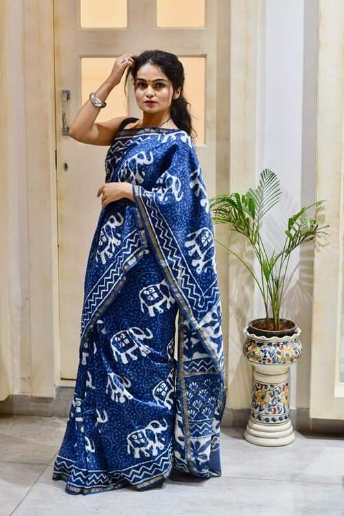 Hand block indigo print Chanderi cotton silk saree6