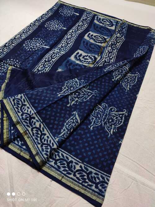 Hand block indigo print Chanderi cotton silk saree8