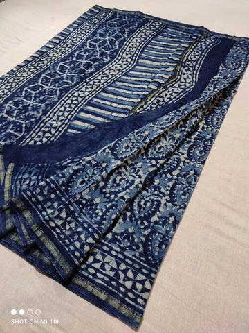 Hand block indigo print Chanderi cotton silk saree10