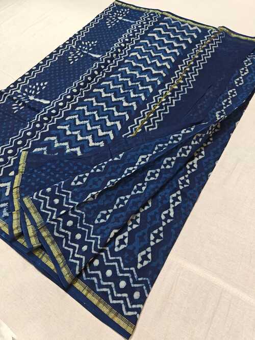 Hand block indigo print Chanderi cotton silk saree12