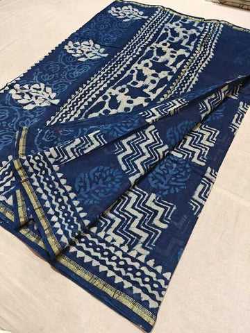 Hand block indigo print Chanderi cotton silk saree13