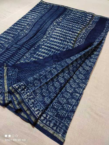 Hand block indigo print Chanderi cotton silk saree15