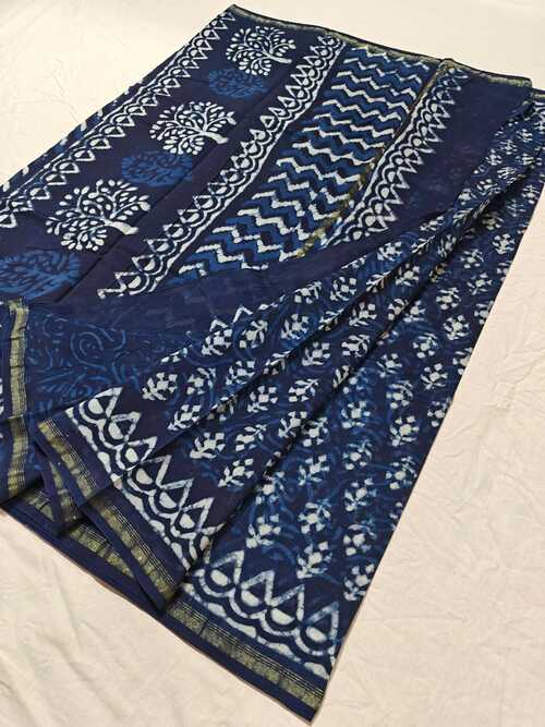 Hand block indigo print Chanderi cotton silk saree16