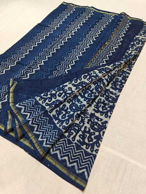 Hand block indigo print Chanderi cotton silk saree17