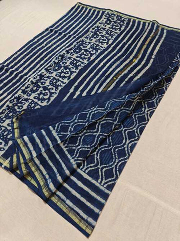 Hand block indigo print Chanderi cotton silk saree22