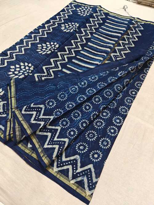 Hand block indigo print Chanderi cotton silk saree24