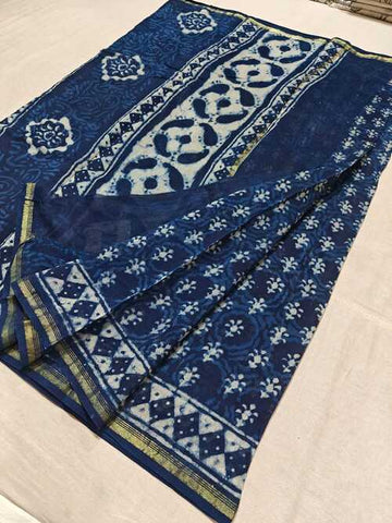 Hand block indigo print Chanderi cotton silk saree25