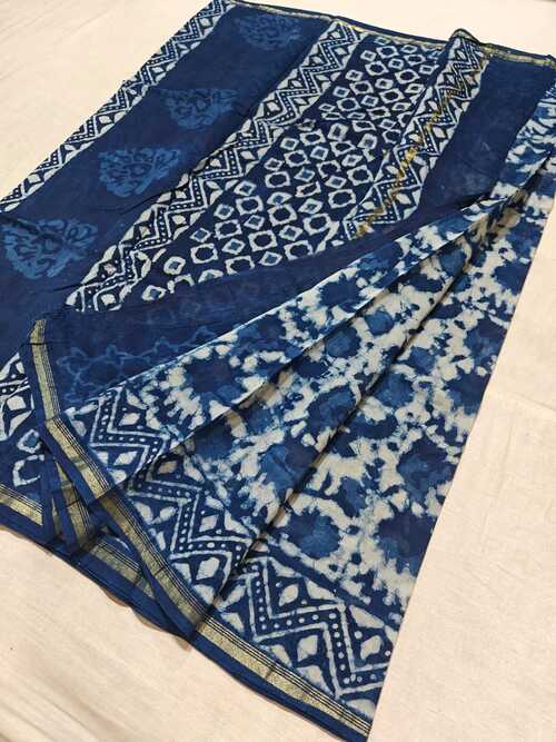 Hand block indigo print Chanderi cotton silk saree26