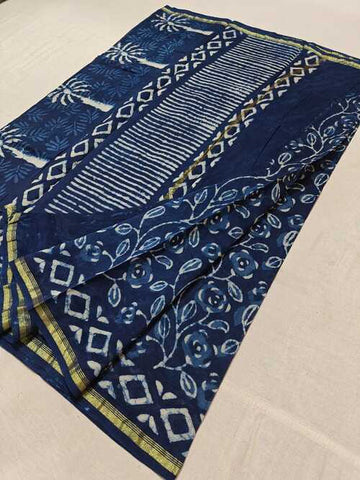 Hand block indigo print Chanderi cotton silk saree27