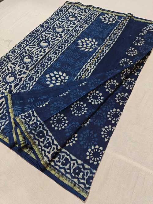 Hand block indigo print Chanderi cotton silk saree28