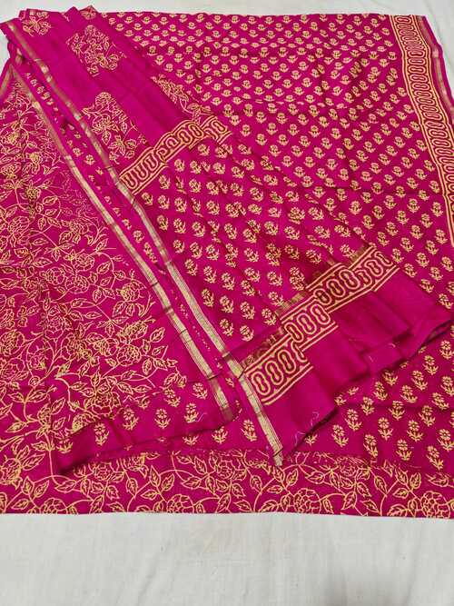 Magenta Chanderi Cotton Silk Suit Set | 3-Piece Handwork Design | Unstitched Fabric for Formal & Casual Wear