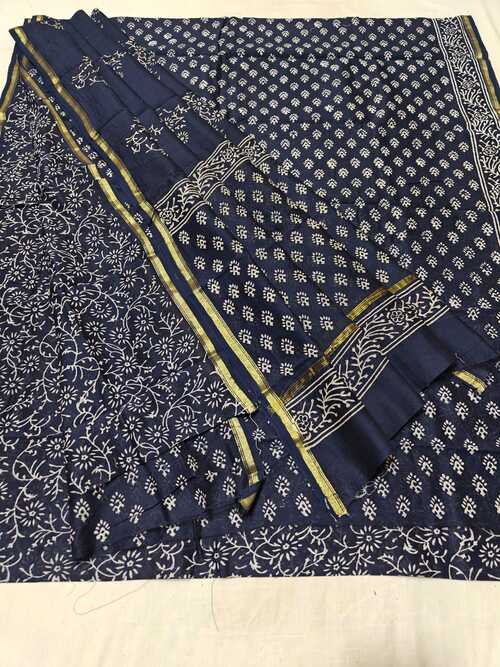 Navy Blue Chanderi Cotton Silk Suit Set | 3-Piece Handwork Design | Unstitched Elegant Ethnic Wear for Formal & Festive Occasions