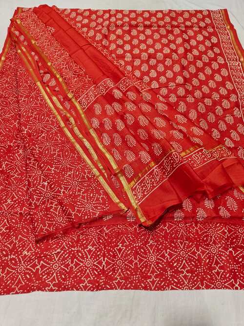 Orange Chanderi Cotton Silk 3-Piece Unstitched Suit Set – Lightweight & Elegant Handwork Design