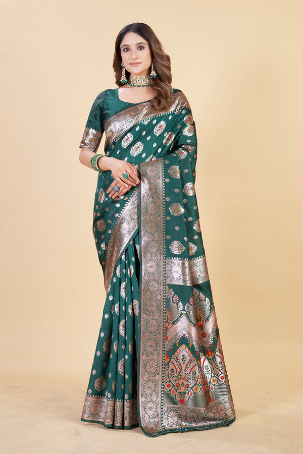 Dark Green Kanjeevaram Saree with Floral Woven Zari Design | Elegant Silk Blend Saree for Weddings & Festive Occasions