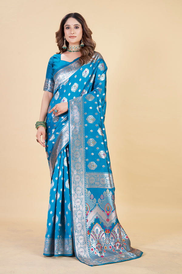 Graceful Turquoise Blue Banarasi Art Silk Saree with Zari and Woven Ethnic Motifs