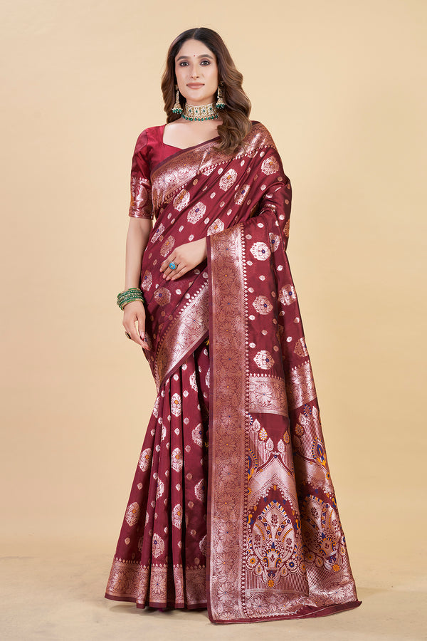 Elegant Maroon Banarasi Art Silk Saree with Golden Weaving Border for Special Occasions