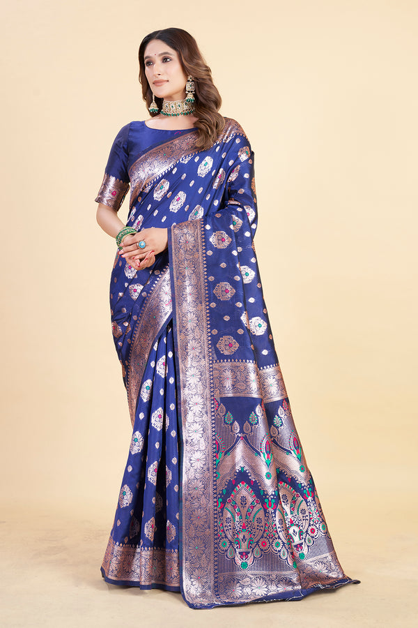 Graceful Navy Blue Banarasi Art Silk Saree with Golden Weaving Border for Festive and Wedding Wear