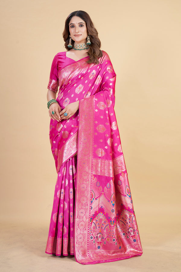 Enchanting Pink Banarasi Art Silk Saree with Golden Weaving | Elegant Traditional Indian Saree for Festive & Wedding Wear