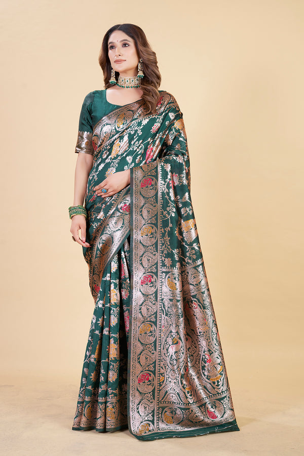 Dark Green Banarasi Art Silk Saree with Golden Zari Weaving | Perfect Ethnic Wear for Weddings and Festive Occasions