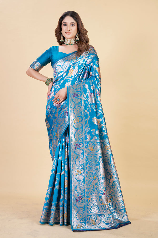 Blue & Magenta Kanjeevaram Saree with Floral Woven Zari Design | Traditional Silk Saree for Weddings & Festive Occasions