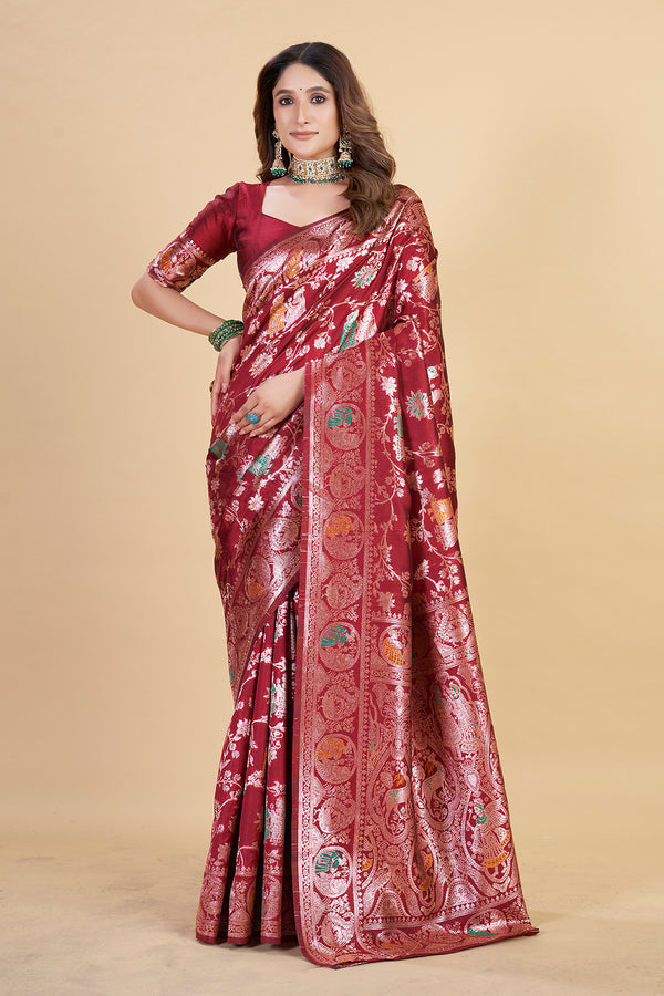 Maroon Kanjeevaram Saree with Floral Woven Zari Design | Luxurious Silk Blend Saree for Weddings & Festive Occasions