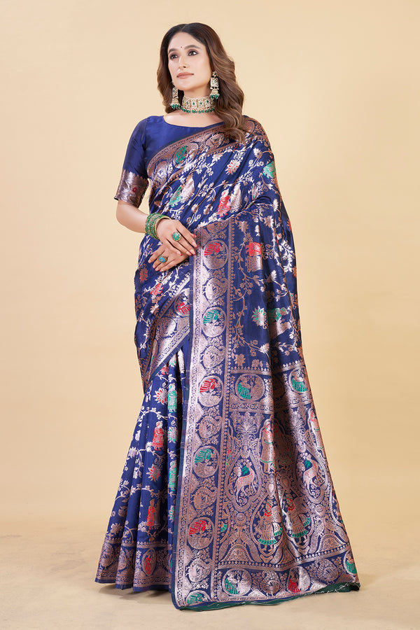 Elegant Navy Blue Floral Woven Zari Kanjeevaram Silk Saree for Traditional Occasions