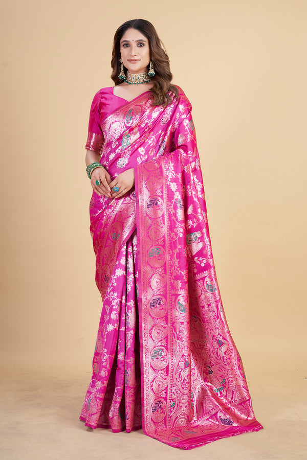 Elegant Pink Floral Woven Zari Kanjeevaram Banarasi Silk Saree with Matching Pink Banarasi Silk Blouse