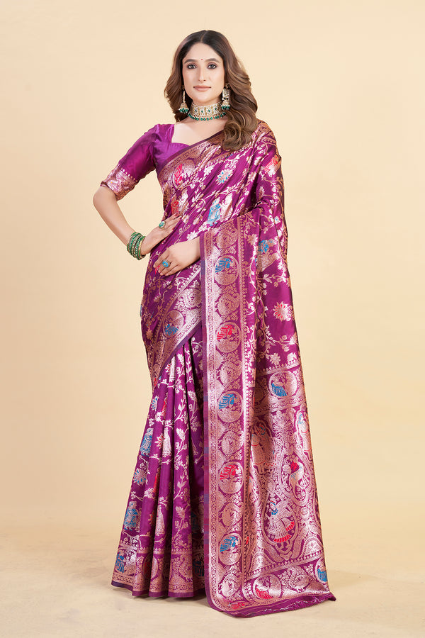 Exquisite Wine Floral Woven Zari Kanjeevaram Banarasi Silk Saree with Matching Solid Wine Banarasi Silk Blouse