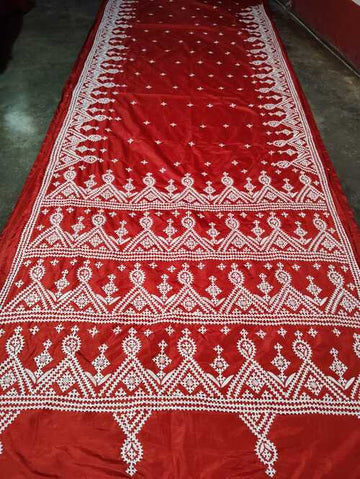 Red Kantha Work Saree | Heavy Embroidered Bangalore Silk Saree with Blouse | Handcrafted Traditional Bengal Kantha Stitch Saree | Luxurious Indian Saree for Special Occasions