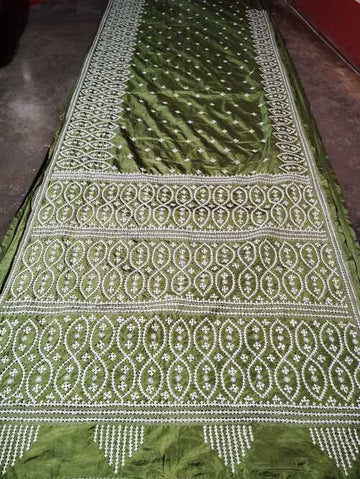 Olive Green Kantha Work Saree | Heavy Embroidered Bangalore Silk Saree with Blouse | Handcrafted Traditional Bengal Kantha Stitch Saree | Luxurious Indian Saree for Special Occasions