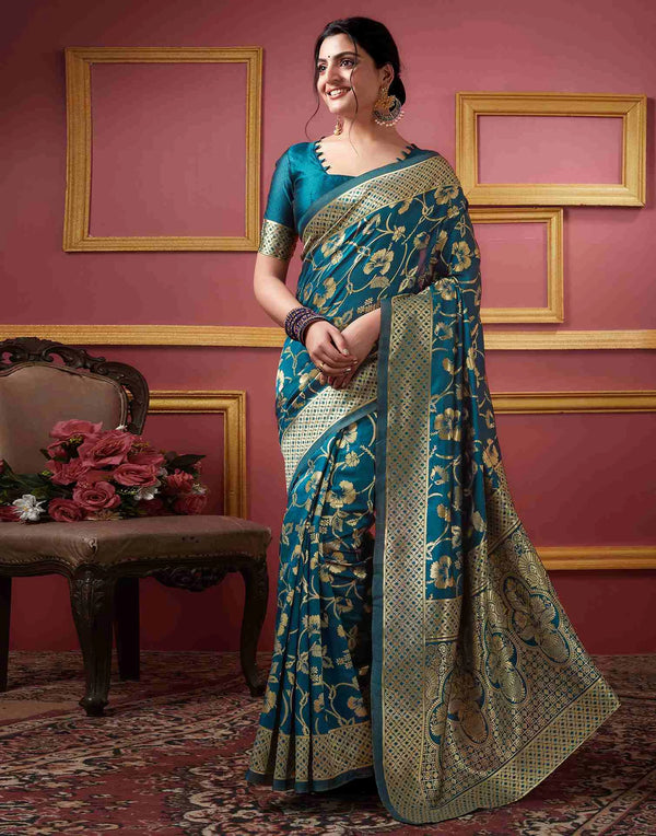 Elegant Green Color Floral Woven Art Silk Saree – Traditional Floral Design with 5.5m Saree Length & 0.8m Blouse Piece