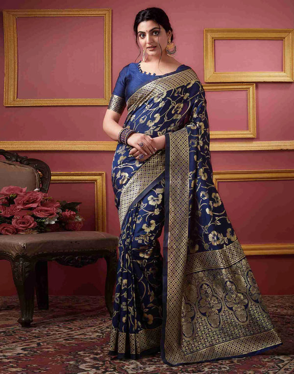 Elegant Navy Blue Color Floral Woven Art Silk Saree – Stunning Floral Design with 5.5m Length & 0.8m Blouse Piece