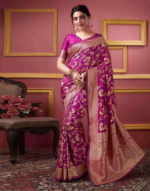 Graceful Wine Color Floral Woven Art Silk Saree – Stunning Floral Pattern with 5.5m Length & 0.8m Blouse Piece