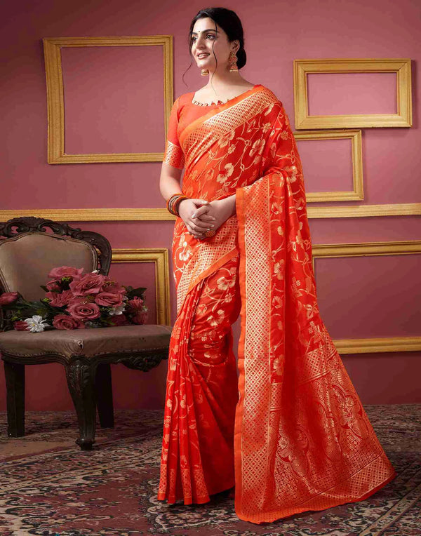 Vibrant Orange Color Floral Woven Art Silk Saree – 5.5m Traditional Saree with 0.8m Blouse Piece