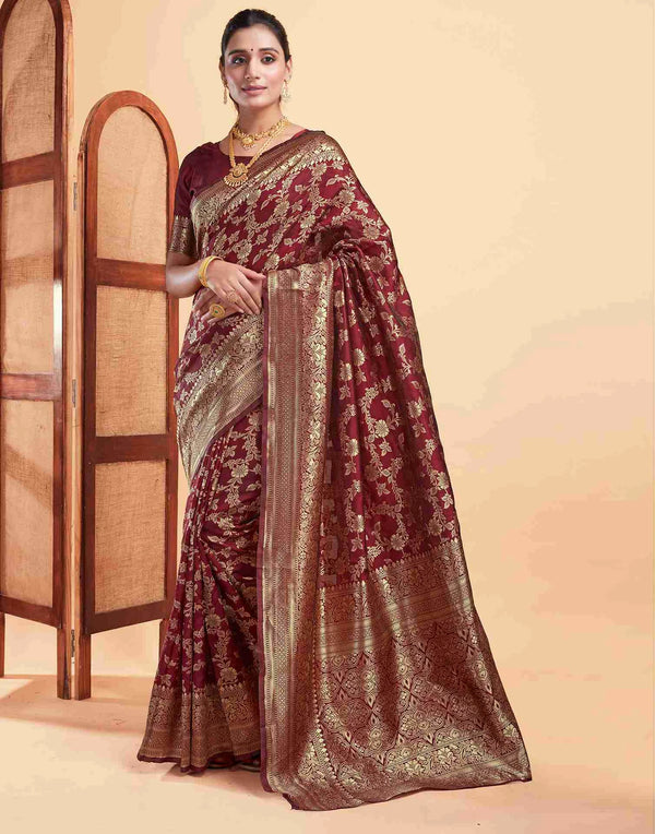 Luxurious Maroon Silk Woven Saree with Matching Blouse Piece – Perfect for Festive and Wedding Occasions