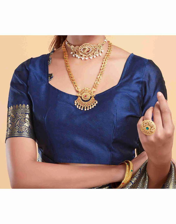 Elegant Navy Blue Silk Woven Saree with Blue Blouse – Perfect Traditional Wear for Weddings & Festivals