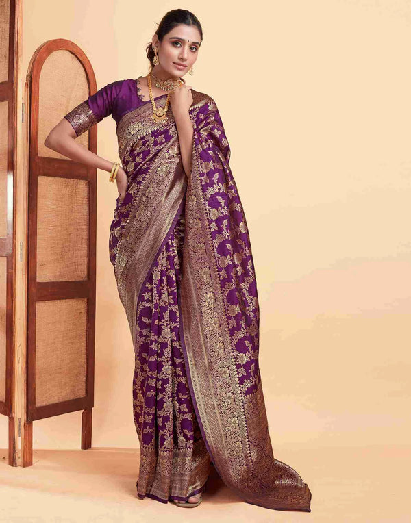 Regal Deep Purple Silk Woven Saree with Golden Accents – Perfect for Festive and Wedding Wear