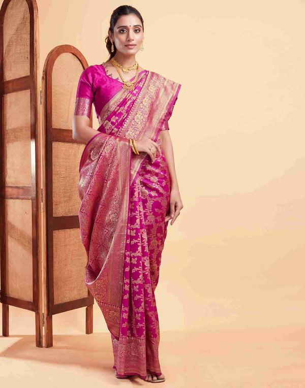 Graceful Pink Banarasi Silk Woven Saree with Magenta Blouse – Perfect for Weddings and Festive Celebrations